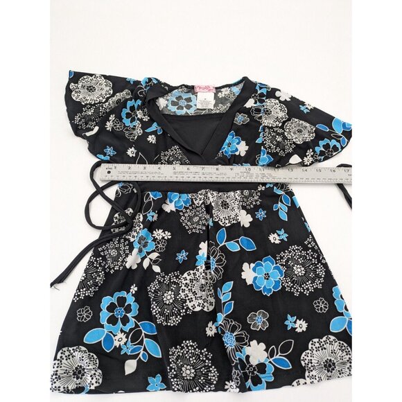 Fleurish Ladies Shirt Size M Ties In Back, Black, White & Turquoise Flower Print - Picture 3 of 5